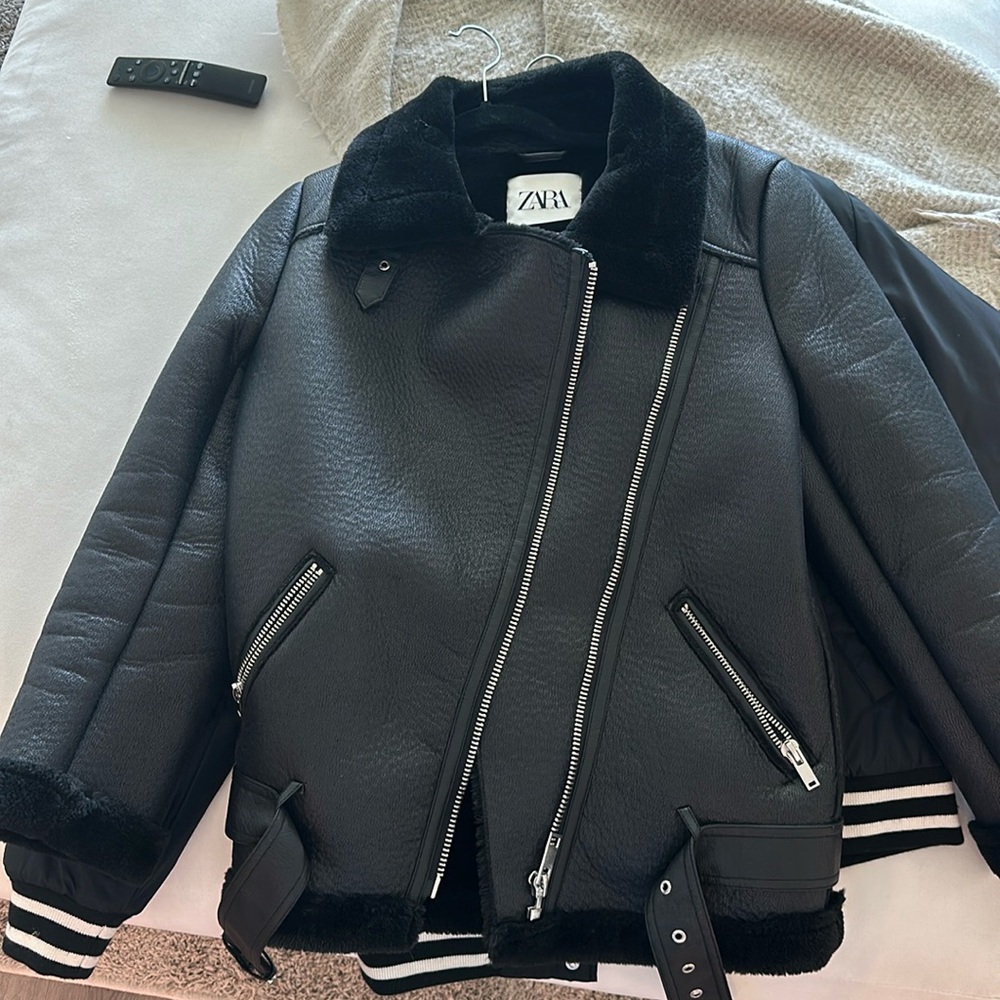 Zara black oversized collection double faced biker jacket